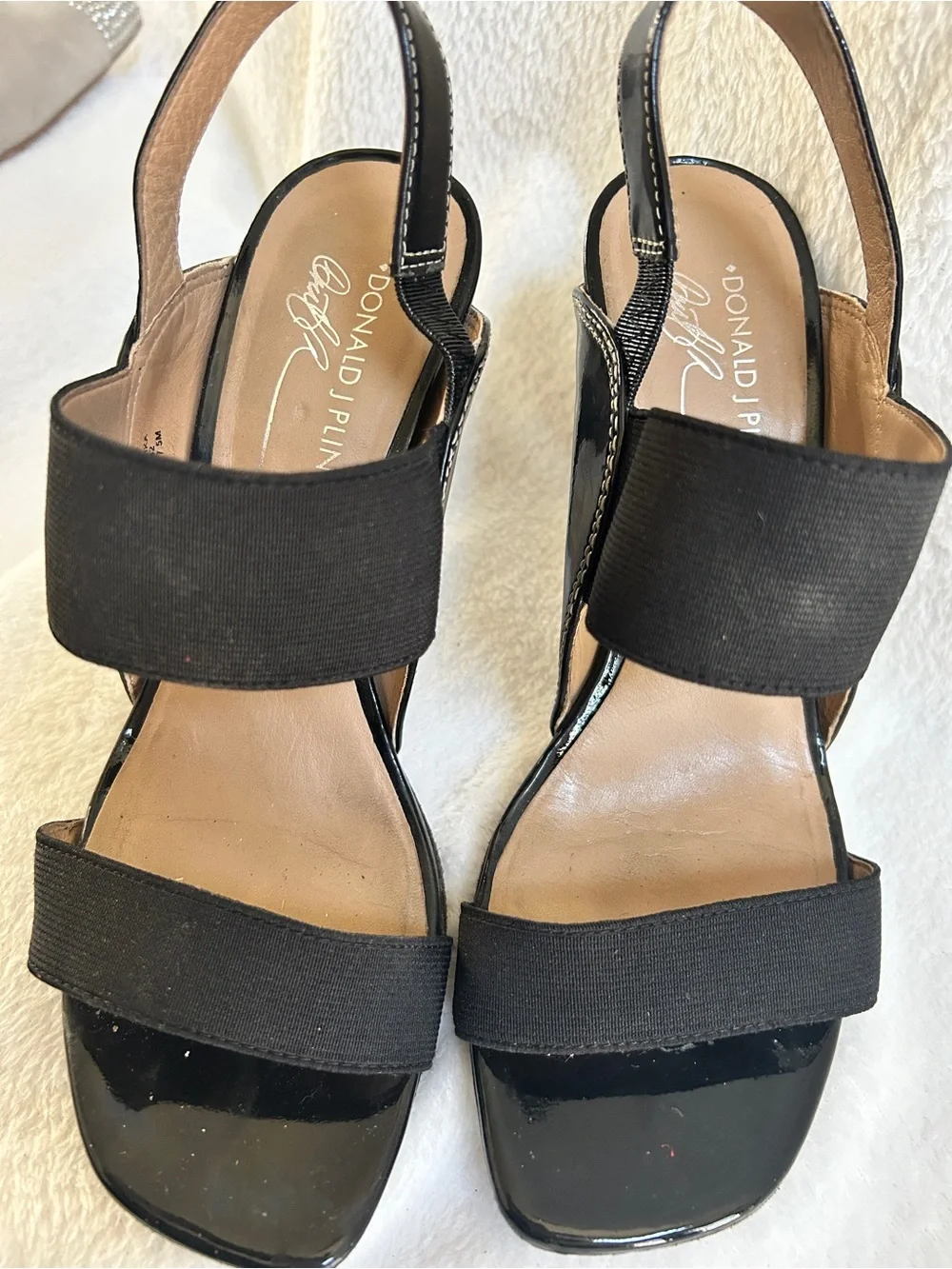 Donald J. Pliner Black Patent and Fabric Slingback Heels